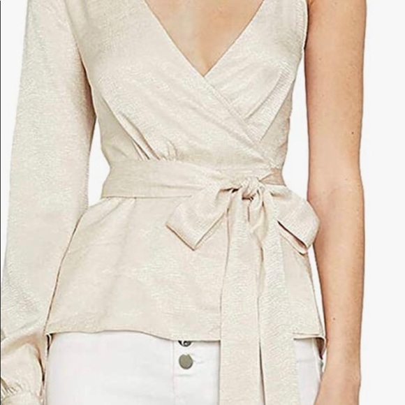 One Shoulder Metallic Peplum Wrap Top Blouse - Picture 2 of 4